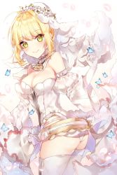 Rule 34 | 1girl, ass, bad id, bad twitter id, blonde hair, blush, breasts, bug, butt crack, butterfly, closed mouth, commentary request, fate/grand order, fate (series), gloves, green eyes, hair between eyes, hair intakes, highres, insect, looking at viewer, nero claudius (bride) (fate), nero claudius (bride) (second ascension) (fate), nero claudius (fate), nero claudius (fate) (all), smile, standing, taya oco, thighhighs, white background, white gloves, white thighhighs