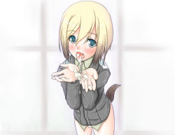Rule 34 | 00s, 1girl, animal ears, bad id, bad pixiv id, cum, cum in mouth, cum on hands, cum on tongue, cupping hands, erica hartmann, green eyes, multicolored hair, own hands together, panties, petag2, short hair, solo, strike witches, tail, two-tone hair, underwear, uniform, world witches series