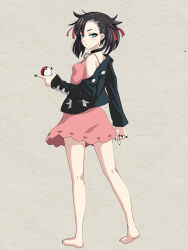 Rule 34 | 1girl, barefoot, black collar, black jacket, blush, collar, commentary request, creatures (company), dress, earrings, eyelashes, full body, game freak, green eyes, hair ribbon, hand up, highres, holding, holding poke ball, jacket, jewelry, kneepits, long sleeves, looking at viewer, marnie (pokemon), nail polish, nintendo, off shoulder, pink dress, poke ball, poke ball (basic), pokemon, pokemon swsh, red ribbon, ribbon, solo, standing, toenail polish, toenails, toes, zenbrush2