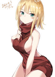 Rule 34 | 1girl, aqua eyes, backless outfit, bare shoulders, between legs, blonde hair, breasts, closed mouth, commentary, cowboy shot, dated, dress, frown, hand on own chest, highres, large breasts, looking at viewer, medium hair, meme attire, no bra, original, red sweater, ribbed sweater, sideboob, sidelocks, signature, simple background, sleeveless, sleeveless turtleneck, solo, sweater, sweater dress, takehana note, thighs, turtleneck, virgin killer sweater, white background