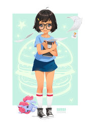 1girl black_eyes black_footwear black_hair blue_background blue_shirt blue_skirt bob&#039;s_burgers commentary english_commentary english_text flying_paper glasses hair_ornament hairpin highres holding holding_notebook jimmy_pesto_jr. kishishiotani looking_at_viewer notebook open_mouth outline paper photo_(object) shirt shoes short_hair skirt sneakers socks solo standing tina_belcher toy_horse untied_footwear white_outline