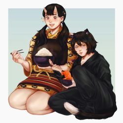 Rule 34 | 2girls, animal ears, black footwear, black hair, black pants, body fur, bowl, cat ears, cat girl, cat tail, chest guard, chipped tooth, chopsticks, commentary, dungeon meshi, english commentary, fish (food), gradient background, hair over shoulder, hand up, happy, highres, holding, holding bowl, holding chopsticks, horns, inutade, izutsumi, japanese clothes, jinaxxo, kimono, knee up, licking lips, long hair, long sleeves, looking at viewer, low twintails, mole, mole under eye, multiple girls, muneate, nigiribashi, ninja, oni, oni horns, open mouth, pants, purple eyes, rice bowl, seiza, short hair, sitting, sparkle, tail, tongue, tongue out, twintails, yellow eyes, yellow kimono