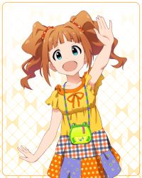 Rule 34 | 1girl, arm up, armpits, artist request, bag, blue eyes, blunt bangs, breasts, checkered clothes, checkered skirt, collarbone, curly hair, frog, idolmaster, idolmaster (classic), idolmaster million live!, idolmaster million live! theater days, looking at viewer, official art, open mouth, orange hair, polka dot, polka dot skirt, ribbon, scrunchie, short sleeves, skirt, small breasts, smile, solo, takatsuki yayoi, twintails