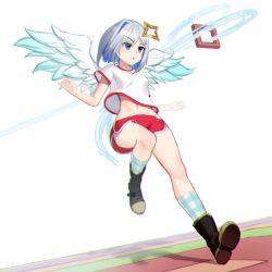 Rule 34 | 1girl, absurdres, amane kanata, angel wings, blue eyes, blue hair, bob cut, breasts, chromatic aberration, colored inner hair, commentary request, dolphin shorts, full body, gym shorts, gym uniform, halo, highres, hololive, kep (ahokep), looking away, midriff, multicolored hair, navel, red shorts, short hair, shorts, silver hair, single hair intake, small breasts, solo, standing, standing on one leg, star halo, virtual youtuber, white background, wings