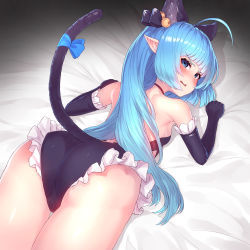 Rule 34 | 1girl, absurdres, alternate costume, animal ears, ass, bare shoulders, bed, blue eyes, blue hair, blush, breasts, cameltoe, cat ears, cat tail, extra ears, from behind, highres, king&#039;s raid, lilia (king&#039;s raid), long hair, looking at viewer, looking back, lying, on stomach, open mouth, pointy ears, shiny clothes, shiny skin, sideboob, small breasts, solo, tail, thighhighs, top-down bottom-up, very long hair, yumochi