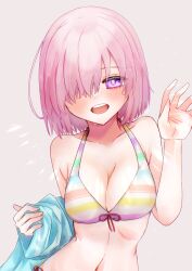 Rule 34 | 1girl, :d, absurdres, bare arms, bikini, bikini top only, blush, collarbone, commentary request, fate/grand order, fate (series), front-tie bikini top, front-tie top, grey background, hair over one eye, halterneck, harukappa, highres, long hair, looking at viewer, mash kyrielight, multicolored bikini, multicolored clothes, navel, open mouth, pink eyes, pink hair, red ribbon, ribbon, smile, solo, straight hair, striped bikini, striped clothes, swimsuit, upper body