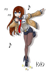 Rule 34 | ankle boots, blue eyes, boots, brown hair, dancing, full body, happy, kikuta, long hair, makise kurisu, musical note, pantyhose, pantyhose under shorts, purple eyes, shorts, simple background, solo, steins;gate, traditional media, white background