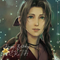 Rule 34 | 1girl, aerith gainsborough, braid, brilcrist, brown hair, choker, final fantasy, final fantasy vii, final fantasy vii remake, flower, green background, green eyes, jacket, jewelry, lily (flower), necklace, portrait, red jacket, ribbon, shiny skin, solo, square enix, wavy hair, yellow flower