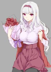 Rule 34 | 1girl, absurdres, black pantyhose, bouquet, breasts, flower, grey background, hairband, highres, idolmaster, idolmaster (classic), long hair, looking at viewer, mironomeo, pantyhose, purple eyes, shijou takane, simple background, solo, white hair