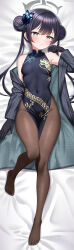 Rule 34 | 1girl, absurdres, bare shoulders, bed sheet, black dress, black gloves, black hair, black pantyhose, blue archive, blush, breasts, china dress, chinese clothes, closed mouth, covered navel, dakimakura (medium), double bun, dress, feet, full body, gloves, hair bun, hair ornament, highres, huanyi huanhuanzi, kisaki (blue archive), legs, long hair, long sleeves, looking at viewer, lying, no shoes, on back, open clothes, pantyhose, side slit, sleeveless, sleeveless dress, small breasts, solo, thighs, toenails, toes, twintails, very long hair