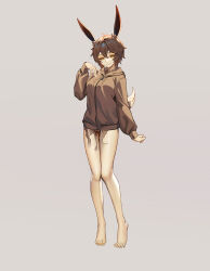 Rule 34 | 1girl, absurdres, animal ears, barefoot, breasts, brown hair, brown hoodie, commission, corruption, full body, grey background, half-closed eyes, hand on own chest, highres, hood, hoodie, liquid, looking at viewer, medium breasts, naughty face, original, rabbit ears, rabbit girl, rabbit tail, shen hai ichigo, short hair, solo, standing, tail, variant set, yellow eyes