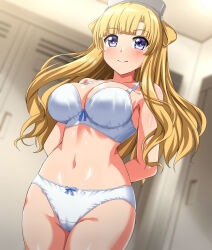 Rule 34 | 1girl, absurdres, arms behind back, blonde hair, bra, breasts, commentary request, commission, double bun, dutch angle, fletcher (kancolle), hair bun, highres, kantai collection, large breasts, locker, locker room, long hair, panties, pixiv commission, purple eyes, shirt, smile, solo, underwear, underwear only, white bra, white panties, zanntetu
