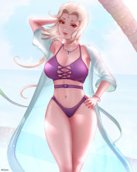 Rule 34 | 1girl, arm behind head, artist name, bathrobe, beach, bikini, blonde hair, blurry, bracelet, breasts, brown eyes, cleavage, curvy, day, depth of field, facial mark, forehead mark, hand on own hip, highres, jewelry, large breasts, long hair, looking at viewer, makeup, mcdobo, nail polish, naruto (series), navel, necklace, ocean, open clothes, outdoors, parted bangs, pink lips, purple bikini, red nails, skindentation, smile, solo, standing, summer, swimsuit, thick thighs, thighs, tsunade (naruto), water