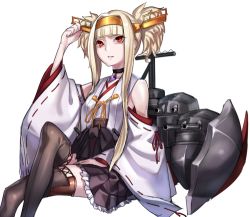 Rule 34 | 1girl, aoki hagane no arpeggio, bad id, bad pixiv id, blonde hair, boots, cosplay, crossover, detached sleeves, japanese clothes, kantai collection, kongou (aoki hagane no arpeggio), kongou (kancolle), kongou (kancolle) (cosplay), long hair, lowres, nakasaki hydra, name connection, nontraditional miko, personification, red eyes, ribbon-trimmed sleeves, ribbon trim, simple background, skirt, solo, thigh boots, thighhighs, white background