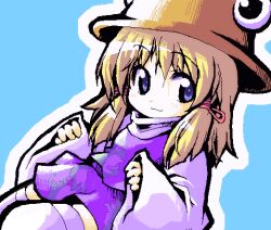 Rule 34 | 1girl, :3, alternate eye color, blonde hair, blue background, blue eyes, brown hat, closed mouth, commentary, dutch angle, hands up, hat, hatching (texture), linear hatching, long hair, meta&#039;36, miniskirt, moriya suwako, oekaki, purple skirt, purple vest, simple background, skirt, sleeves past wrists, solo, sweater, thighhighs, touhou, vest, white sweater, white thighhighs, wide sleeves