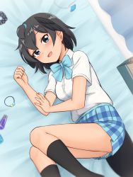 Rule 34 | 1girl, :d, absurdres, alternate costume, black eyes, black hair, black socks, blue bow, blue bowtie, blue skirt, blush, bow, bowtie, commentary, feet out of frame, head wings, highres, indoors, jewelry, kemono friends, kneehighs, looking at viewer, lying, on bed, on side, open mouth, pendant, pendant removed, plaid, plaid skirt, pleated skirt, school uniform, scrunchie, unworn scrunchie, shiraha maru, shirt, short hair, short sleeves, skirt, smile, socks, solo, superb bird-of-paradise (kemono friends), tail, white shirt, wings