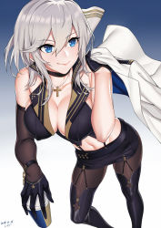 Rule 34 | 1girl, absurdres, azur lane, bare shoulders, black choker, black footwear, black gloves, black pantyhose, black skirt, black vest, blue eyes, boots, breasts, carrying over shoulder, center opening, choker, cleavage, collarbone, contrapposto, covered erect nipples, cross, cross necklace, dated, drink, elbow gloves, from above, garter straps, gloves, hair between eyes, hair intakes, highres, holding, holding drink, jewelry, large breasts, looking back, midriff, miniskirt, navel, necklace, no bra, pantyhose, pencil skirt, short hair, silver hair, single elbow glove, skirt, smile, solo, standing, suspender skirt, suspenders, thigh boots, thighhighs, vest, washington (azur lane), zui ai shuang mawei