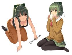 Rule 34 | 10s, 1girl, alternate costume, black pantyhose, blush, bow, breasts, brown eyes, cleavage, cup, downblouse, drinking, folded ponytail, green hair, hair bow, kantai collection, kneeling, kureha (ironika), multiple views, no bra, pantyhose, pleated skirt, school uniform, short hair, simple background, sitting, skirt, small breasts, sweater, tank top, wariza, white background, wrench, yuubari (kancolle)