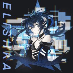 1boy bell black_bra black_hair black_jacket black_rock_shooter_fragment bra character_name closed_eyes elishka_(black_rock_shooter) flaming_eye highres jacket long_hair neck_bell off_shoulder open_clothes open_jacket pigeon_promax solo underwear