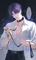 Rule 34 | 1boy, belt, black belt, black pants, blush, bracelet, chain, collar, collarbone, cowboy shot, highres, holding, holding leash, jewelry, jun (kokage), leash, lips, looking at viewer, love and deepspace, male focus, pants, parted lips, pectorals, purple eyes, purple hair, rafayel (love and deepspace), shirt, short hair, simple background, solo, speech bubble, translation request, white shirt