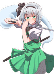 Rule 34 | &gt;:), 1girl, absurdres, black bow, black bowtie, black hairband, bloomers, blunt bangs, blush, bow, bowtie, closed mouth, commentary request, cowboy shot, fighting stance, ghost, green eyes, green skirt, green vest, hairband, highres, holding, holding sword, holding weapon, katana, konpaku youmu, konpaku youmu (ghost), mukkushi, puffy short sleeves, puffy sleeves, sheath, shirt, short hair, short sleeves, silver hair, simple background, skirt, solo, sword, touhou, underwear, v-shaped eyebrows, vest, weapon, white background, white shirt
