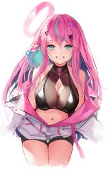 Rule 34 | 1girl, bare shoulders, black shirt, black shorts, blue eyes, breasts, cleavage, cleavage cutout, clothing cutout, collarbone, crop top, cropped legs, grin, hair ornament, hairclip, halo, hoshina rulia, indie virtual youtuber, jacket, large breasts, long hair, looking at viewer, midriff, multicolored hair, munuu, navel, off shoulder, open clothes, open jacket, pink hair, power symbol, revealing clothes, see-through, shirt, short shorts, shorts, sleeveless, sleeveless shirt, smile, solo, stomach, streaked hair, thighs, virtual youtuber, white jacket