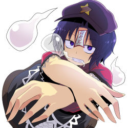 Rule 34 | 1girl, blue eyes, blue hair, chipa (arutana), clenched teeth, crossed arms, eating, female focus, hat, hitodama, matching hair/eyes, miyako yoshika, ofuda, outstretched arms, short hair, simple background, skirt, solo, star (symbol), teeth, touhou, white background