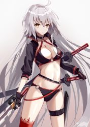 Rule 34 | 1girl, ahoge, augu (523764197), bad id, bad pixiv id, bikini, black bikini, blush, breasts, choker, cleavage, fate (series), gloves, gradient background, grey background, hair between eyes, highres, holding, holding sword, holding weapon, jeanne d&#039;arc alter (swimsuit berserker) (fate), jeanne d&#039;arc (fate), jeanne d&#039;arc alter (fate), jeanne d&#039;arc alter (swimsuit berserker) (fate), large breasts, long hair, looking at viewer, navel, o-ring, o-ring bikini, sheath, sheathed, shrug (clothing), silver hair, simple background, sleeves rolled up, standing, swimsuit, sword, thighhighs, very long hair, weapon, yellow eyes