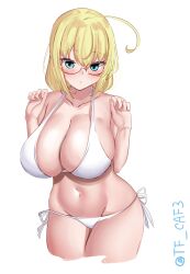 Rule 34 | 1girl, ahoge, alternate costume, bikini, blonde hair, blue eyes, breasts, cowboy shot, glasses, hair ribbon, hat, highres, i-8 (kancolle), kantai collection, large breasts, looking at viewer, low twintails, navel, ribbon, short hair, solo, swimsuit, tf cafe, twintails, twitter username, white background, white bikini