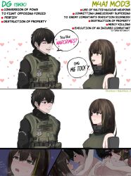 Rule 34 | 1boy, 1girl, 3koma, after kiss, artist name, black hair, blush, breasts, brown hair, closed eyes, closed mouth, comic, commander (girls&#039; frontline), corrupted twitter file, dgkamikaze, english text, furrowed brow, girls&#039; frontline, green eyes, green hair, heart, highres, implied sex, impregnation, large breasts, leotard, long hair, looking at another, m4a1 (girls&#039; frontline), m4a1 (mod3) (girls&#039; frontline), military, military uniform, multicolored hair, multiple views, open mouth, ribbed leotard, ribbed sweater, saliva, saliva trail, short hair, sleeveless, sleeveless sweater, speech bubble, straddling, streaked hair, sweater, teeth, twitter username, uniform, upper body, upper teeth only, upright straddle