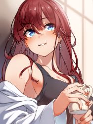 Rule 34 | 1girl, bare shoulders, black tank top, blue eyes, blurry, breasts, brown hair, collarbone, cup, depth of field, earrings, fingernails, hair between eyes, hands up, highres, holding, holding cup, ichinose shiki, idolmaster, idolmaster cinderella girls, indoors, jewelry, kakaobataa, light blush, long hair, long sleeves, looking at viewer, medium breasts, mug, off shoulder, open clothes, open shirt, parted lips, shirt, smile, solo, strap slip, tank top, upper body, white shirt, window shadow