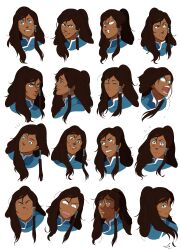 Rule 34 | 1girl, absurdres, anger vein, angry, avatar legends, blue eyes, blush, brown hair, commentary, crying, crying with eyes open, dark-skinned female, dark skin, english commentary, flying sweatdrops, glowing, glowing eyes, highres, korra, mastrocecchi, multiple views, open mouth, simple background, smile, smirk, sweatdrop, tears, teeth, the legend of korra, tongue, watermark, white background