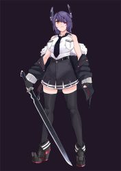Rule 34 | 1girl, bad id, bad twitter id, black gloves, black jacket, black skirt, black thighhighs, breast pocket, breasts, checkered clothes, checkered necktie, checkered neckwear, eyepatch, full body, gloves, gradient background, headgear, highres, jacket, kantai collection, large breasts, looking at viewer, necktie, ojipon, partially fingerless gloves, pleated skirt, pocket, purple background, purple hair, short hair, skirt, solo, standing, sword, tenryuu (kancolle), tenryuu kai ni (kancolle), thighhighs, weapon, yellow eyes