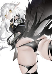 Rule 34 | 1girl, absurdres, arknights, ass, bare shoulders, black panties, black thighhighs, commentary request, crocodilian tail, highres, horz, large tail, long hair, panties, pointy ears, silver hair, simple background, skindentation, solo, tail, thighhighs, thighs, tomimi (arknights), torn clothes, torn thighhighs, underwear, white background, yellow eyes
