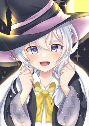 Rule 34 | 1girl, :d, absurdres, black coat, black hat, blue eyes, blush, bow, bowtie, coat, collared shirt, elaina (majo no tabitabi), hair between eyes, hat, highres, holding, holding wand, long hair, long sleeves, looking at viewer, majo no tabitabi, nika (emunika), open clothes, open coat, open mouth, shirt, smile, solo, sparkle, upper body, wand, white hair, white shirt, wing collar, witch hat, yellow bow, yellow bowtie