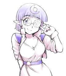 Rule 34 | 1990s (style), 1girl, arara cocoa, belt, breasts, cleavage, closed mouth, coke-bottle glasses, glasses, gloves, hair ornament, jewelry, looking at viewer, ng knight lamune &amp; 40, pointy ears, purple hair, retro artstyle, short hair, simple background, smile, solo, ueyama michirou, white background