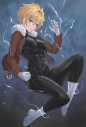 Rule 34 | 1girl, absurdres, black bodysuit, blonde hair, blue eyes, bodysuit, boots, brown jacket, commission, covered abs, covered erect nipples, enporion, full body, fur-trimmed jacket, fur trim, gloves, highres, jacket, looking at viewer, original, parted lips, short hair, skeb commission, solo, white footwear, white gloves, zipper