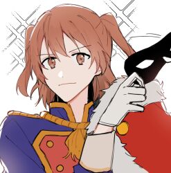 Rule 34 | 1girl, aijou karen, blue jacket, brown eyes, brown hair, closed mouth, commentary, domino mask, english commentary, epaulettes, gloves, haruka 3442, holding, holding mask, jacket, looking at viewer, mask, short hair, shoujo kageki revue starlight, simple background, smile, solo, sparkle, two side up, upper body, white background, white gloves