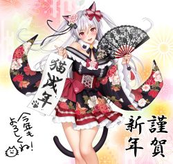 Rule 34 | 1girl, animal ears, bare shoulders, bell, blush, bow, breasts, cat ears, cat tail, commentary request, detached sleeves, fang, fingernails, floral print, flower, frills, gradient background, hair bow, hair flower, hair ornament, highres, holding, japanese clothes, kimono, long hair, long sleeves, looking at viewer, medium breasts, open mouth, petals, re:shimashima, red eyes, silver hair, simple background, skirt, smile, solo, tail, tokyo exe girls, wide sleeves