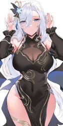 Rule 34 | 1girl, bare shoulders, black dress, blue eyes, blue hair, breasts, cleavage, detached sleeves, dress, genshin impact, grey hair, hair ornament, highres, large breasts, long hair, long sleeves, looking at viewer, multiple girls, official alternate costume, shenhe (frostflower dew) (genshin impact), shenhe (genshin impact), shiben (ugvu5784), smile, solo, standing, very long hair, white background, white hair