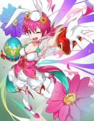 Rule 34 | 1girl, animal ears, armpits, bloomers, breasts, choker, cleavage, dress, easter, easter egg, egg, est (fire emblem), fake animal ears, fire emblem, fire emblem heroes, flower, foreshortening, gloves, green background, hair flower, hair ornament, highres, looking at viewer, medium breasts, nintendo, one eye closed, open mouth, outstretched hand, pink dress, pink eyes, pink footwear, pink hair, pretty-purin720, rabbit ears, see-through, see-through sleeves, shoes, short hair, smile, solo, thighhighs, thighs, two-tone background, underwear, white background, white gloves, winged footwear, zettai ryouiki