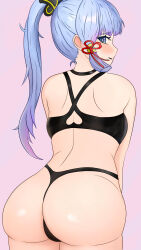Rule 34 | 1girl, alternate costume, artist request, ass, ass focus, ayaka (genshin impact), bare shoulders, blue eyes, blue hair, blush, cameltoe, come hither, from behind, genshin impact, gradient hair, hair ornament, highres, huge ass, long hair, looking at viewer, looking back, multicolored hair, naughty face, open mouth, ponytail, purple hair, smile, solo, thong, very long hair