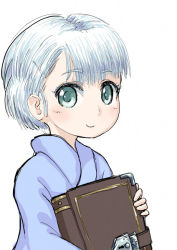 Rule 34 | 1girl, asymmetrical bangs, blue eyes, blue hair, blush, book, chrono trigger, commentary request, if they mated, original, robe, s-a-murai, short hair, simple background, smile, solo, white background