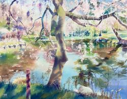 Rule 34 | blue sky, cherry blossoms, day, didi daisukedoi, fence post, grass, highres, hill, no humans, original, painting (medium), park, pond, reflection, reflective water, scenery, sky, traditional media, tree, water, watercolor (medium)