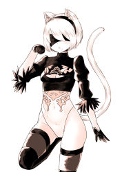 Rule 34 | 1girl, animal ears, black hairband, blindfold, breasts, cat ears, cat tail, cleavage cutout, clothing cutout, covered eyes, covered navel, cowfee, facing viewer, feather-trimmed sleeves, gloves, hairband, highleg, highleg leotard, highres, juliet sleeves, kemonomimi mode, leg up, leotard, limited palette, long sleeves, medium breasts, mole, mole under mouth, nier (series), nier:automata, open mouth, paw pose, puffy sleeves, short hair, simple background, solo, standing, standing on one leg, tail, thighhighs, white background, white hair, white leotard, 2b (nier:automata)