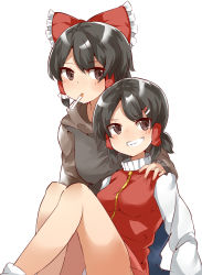 Rule 34 | 2girls, black hair, blush, bow, brown eyes, cigarette, cili (cookie), commentary request, cookie (touhou), eyes visible through hair, feet out of frame, frilled hair tubes, frills, grey hoodie, grin, hair bow, hair tubes, hakurei reimu, hand on another&#039;s shoulder, highres, hood, hoodie, jacket, long sleeves, looking at viewer, low ponytail, maru (cookie), multiple girls, raglan sleeves, red bow, red jacket, short hair, short ponytail, sidelocks, simple background, smile, touhou, white background, yumekamaborosh