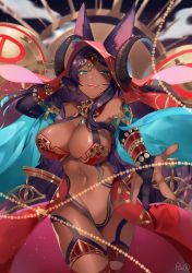 Rule 34 | 1girl, animal ears, black hair, blue eyes, breasts, cleavage, cowboy shot, dark-skinned female, dark skin, fate/grand order, fate (series), forehead jewel, jackal ears, jewelry, large breasts, long hair, looking at viewer, navel, open mouth, panon 14, queen of sheba (fate), shadow, smile, solo