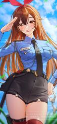 Rule 34 | 1girl, :d, absurdres, amber (genshin impact), belt, belt pouch, black necktie, black shorts, blue shirt, blue sky, breast pocket, breasts, brown hair, collared shirt, cuffs, day, genshin impact, gluteal fold, grin, handcuffs, high-waist shorts, highres, holding, holding handcuffs, lipstick, long hair, long sleeves, looking at viewer, makeup, medium breasts, necktie, open mouth, outdoors, parted lips, pocket, police, police uniform, policewoman, pouch, red eyes, red lips, red thighhighs, renberry, salute, shirt, shorts, sky, smile, solo, thigh gap, thighhighs, twitter username, uniform, very long hair