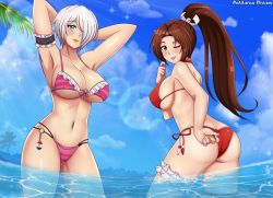 Rule 34 | 2girls, angel, angel (kof), armpits, arms behind head, ass, bikini, blue eyes, blue sky, blush, breasts, brown eyes, brown hair, butt crack, cleavage, cloud, fatal fury, female focus, hair over one eye, highres, large breasts, long hair, matching hair/eyes, mexico, mexican flag, multiple girls, navel, o-ring, o-ring bikini, one eye closed, one eye covered, parted lips, patdarux, ponytail, red bikini, shiranui mai, sideboob, sky, smile, standing, swimsuit, the king of fighters, thigh strap, underboob, white hair, wink