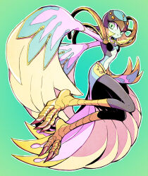 Rule 34 | 1girl, armor, blonde hair, breasts, duel monster, full body, gradient background, green background, green eyes, harpy, helmet, highres, looking at viewer, lyrilusc - assembled nightingale, medium hair, monster girl, outstretched arms, shoulder armor, skirt, small breasts, solo, spread arms, stomach, winged arms, wings, yu-gi-oh!, yukitaka (zzzzz)